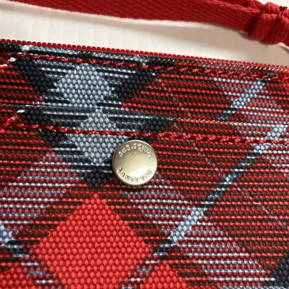 LANDS END Plaid Cotton Canvas Large Zip Pouch Purse Wristlet 8 x 5 x 0.5 inches